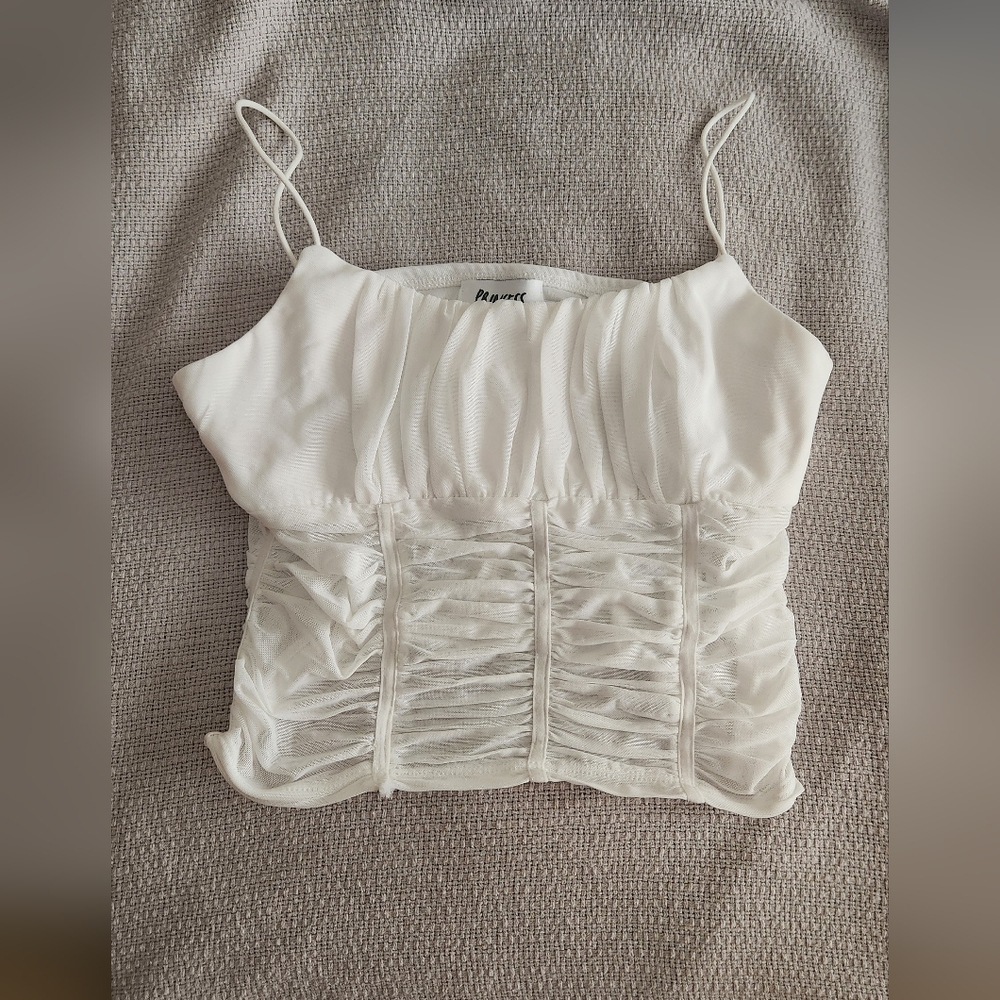 NWOT Princess Polly Concordia White Mesh Ruffle Crop Top, Size US 6